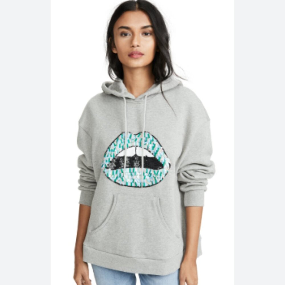 Marcus Lupfer Sequin Lips Hoodie Sweatshirt Oversized Gray Size XS